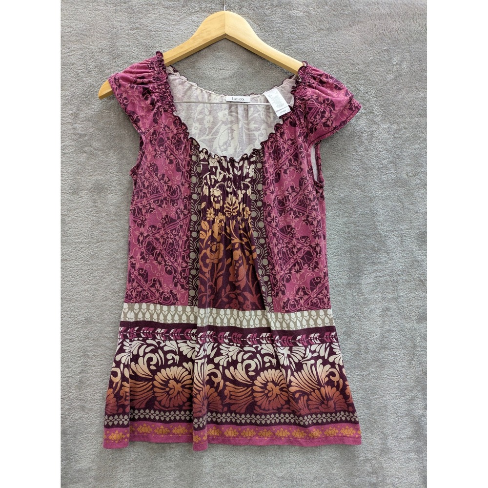 Boho Floral Paisley Patchwork Top Womens Small Liz & Co Cap Sleeve Purple